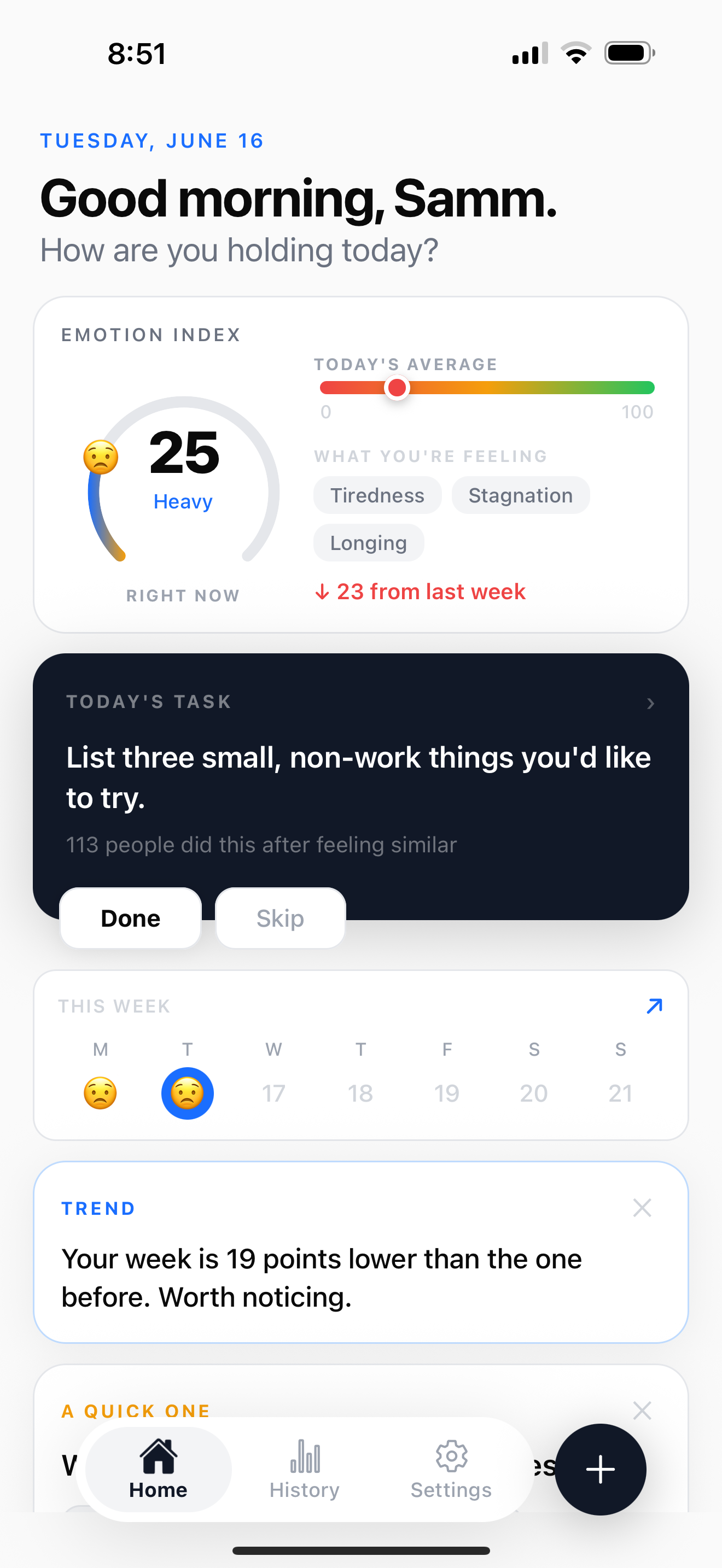 Narro home screen: an Emotion Index of 25 labelled Heavy, and today's single suggested task