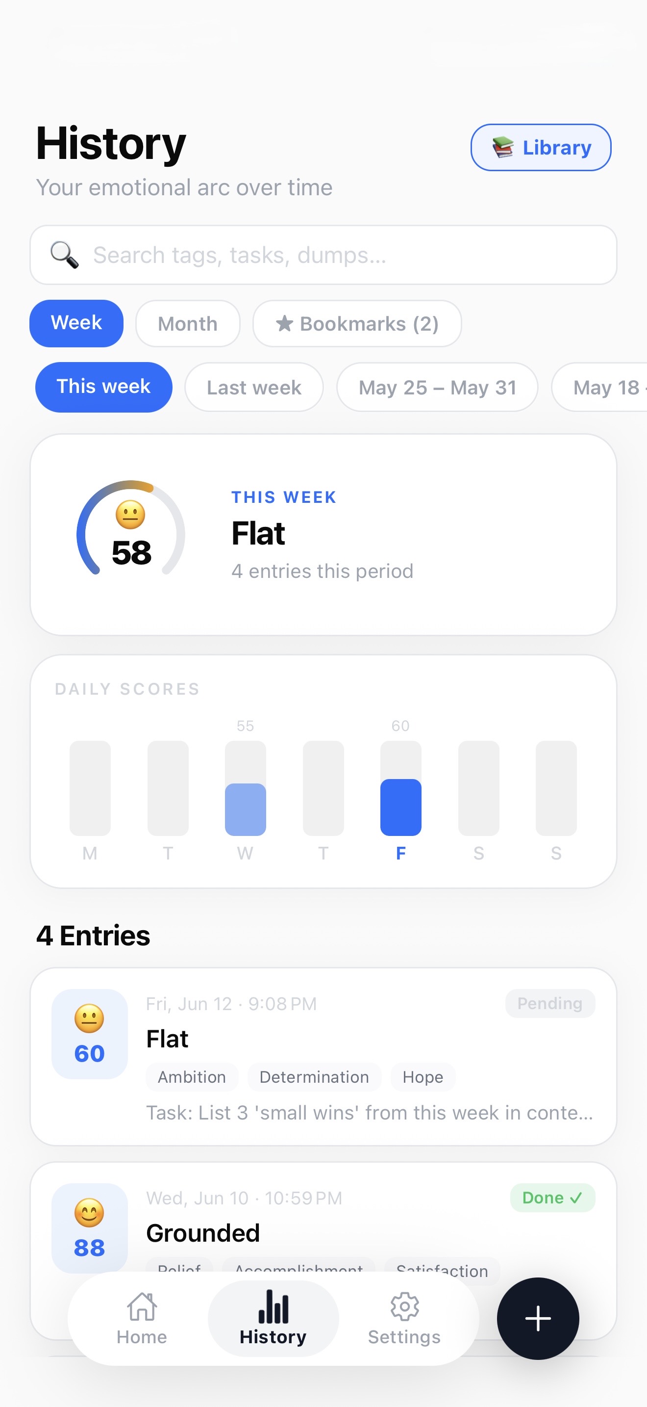 Narro history tab charting daily scores and past entries over time