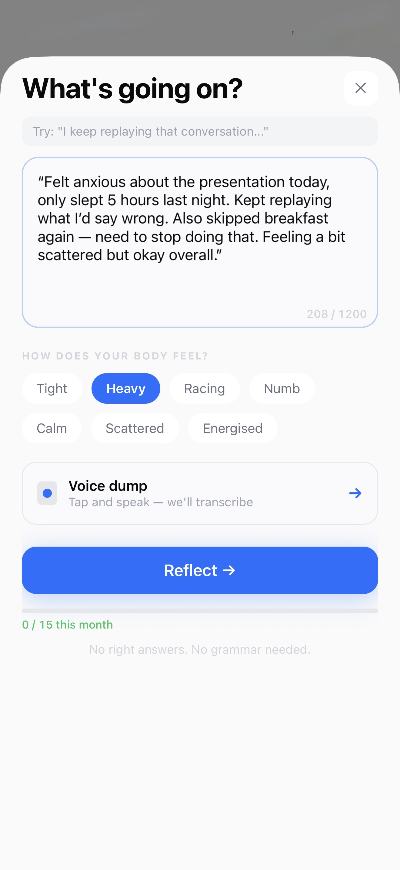 Narro dump sheet asking what's going on, with body-feeling chips and a voice option